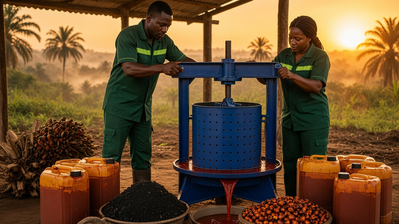 How does Nigeria's palm oil value chain work, and where do the palm kernel shells end up?