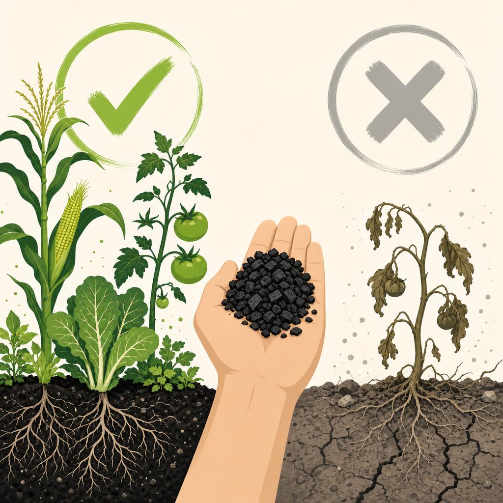 Flat-design split illustration showing thriving crops in biochar-enriched soil on one side and a wilted plant on the other, with a hand holding biochar in the middle.