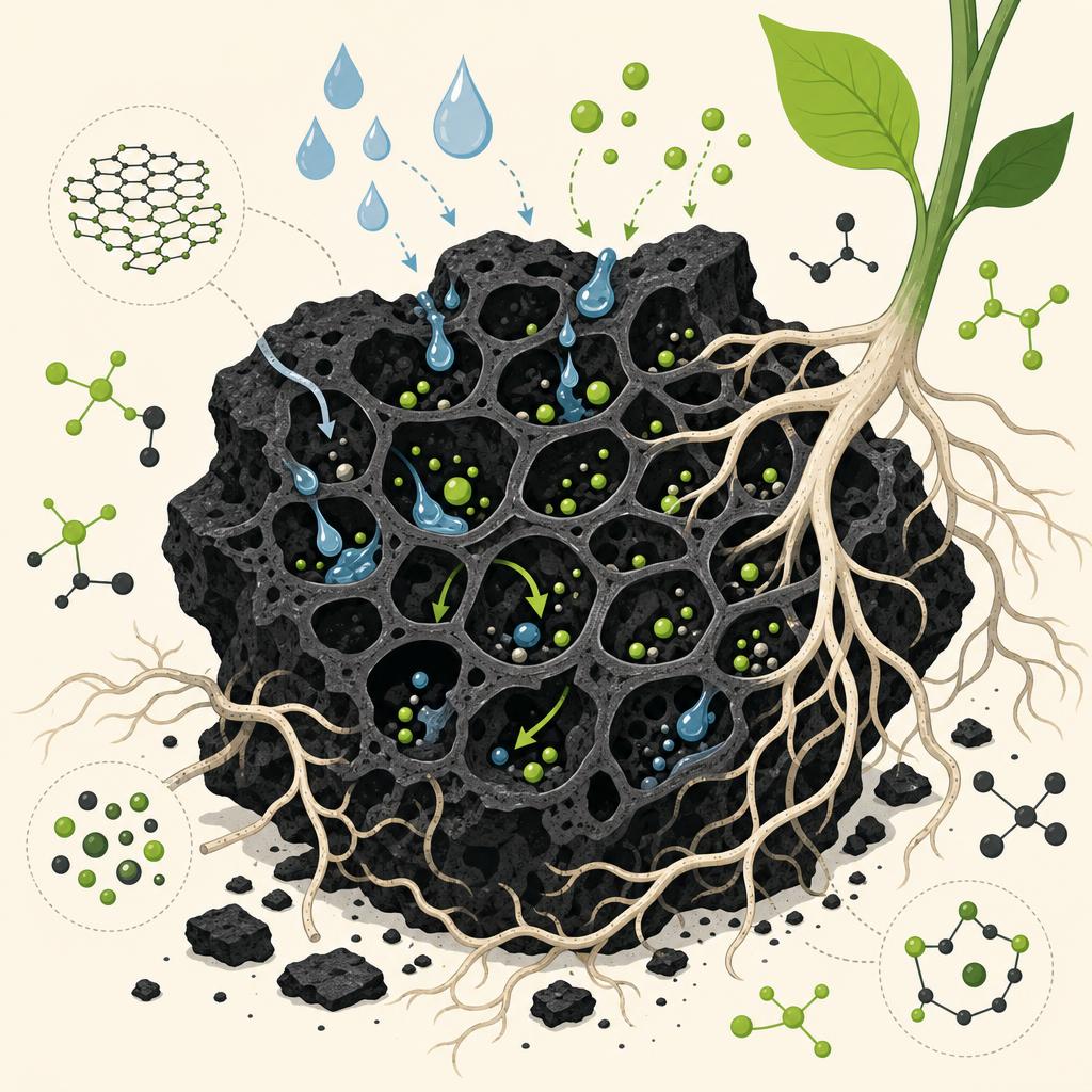 Flat-design illustration of a magnified porous biochar particle absorbing water and nutrients, with roots wrapping around it.