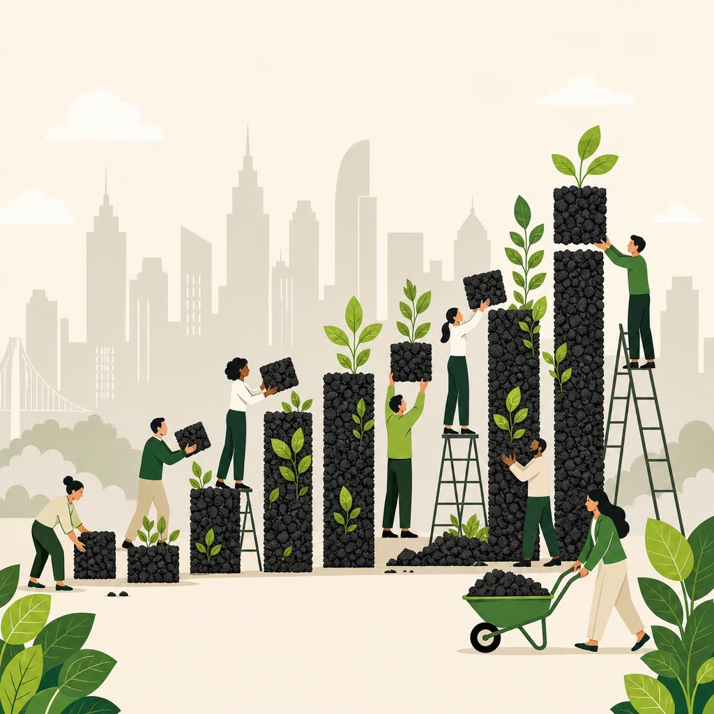 Flat-design illustration of a rising bar chart built from biochar granules and leaves, with many small figures adding blocks.