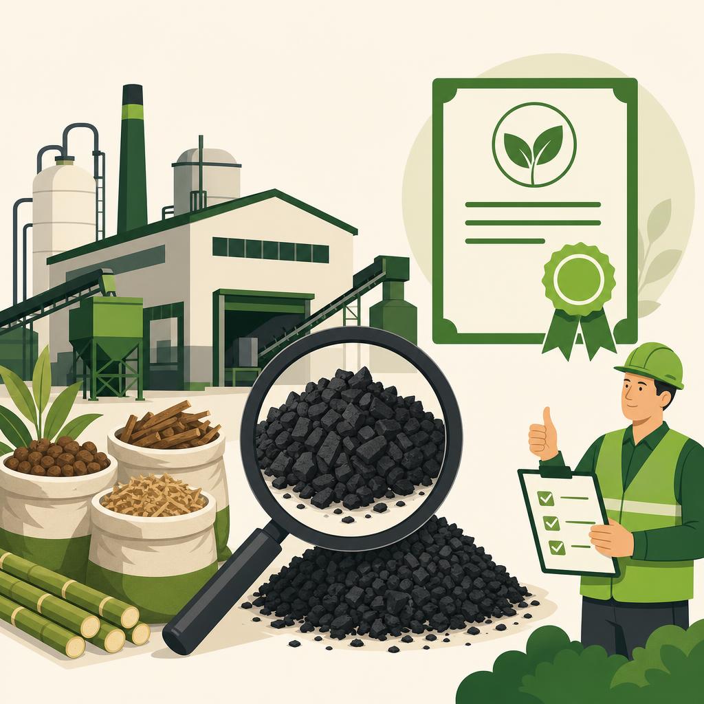 Flat-design illustration of an agro-processing factory with a magnifying glass inspecting a batch of biochar and an inspector approving a checklist.
