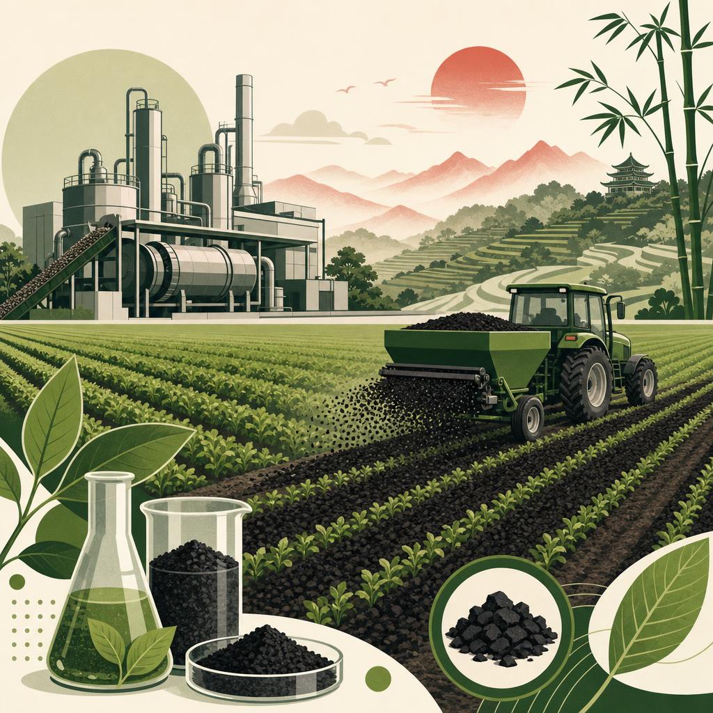 Flat-design illustration of a modern pyrolysis facility beside terraced fields, with biochar being spread onto cropland in neat rows.