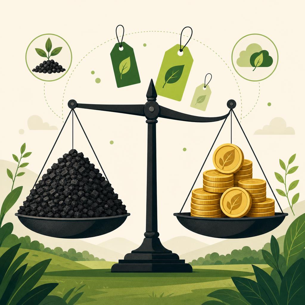 Flat-design illustration of a balance scale weighing biochar granules against coins with leaf emblems.