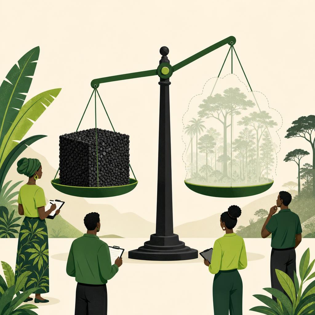 Flat-design illustration of a balance scale weighing a solid cube of biochar against a faded outline of a forest, with small figures inspecting it.