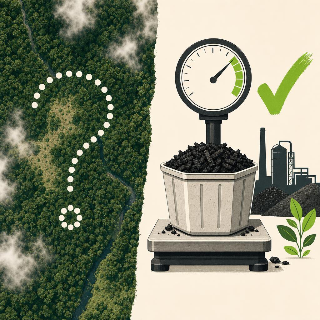 Flat-design split illustration of a forest seen from a satellite with a question mark, versus an industrial scale weighing biochar with a checkmark.