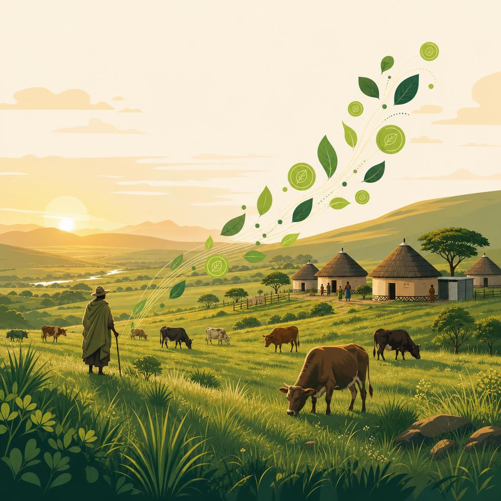 Illustration of cattle grazing on restored South African rangeland with a herder and village in the distance, symbolising carbon credit revenue reaching rural communities.