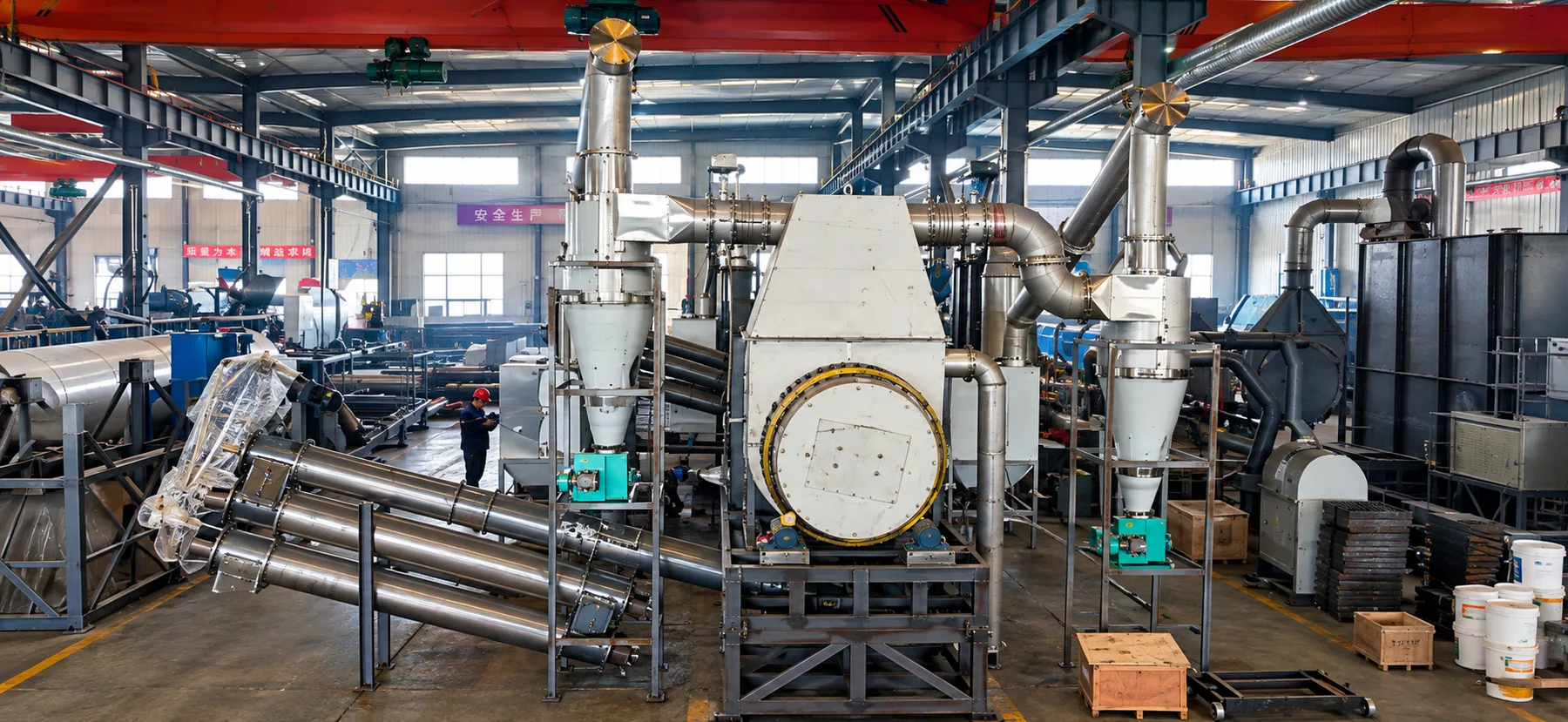 Wide view of biochar production equipment inside the factory.
