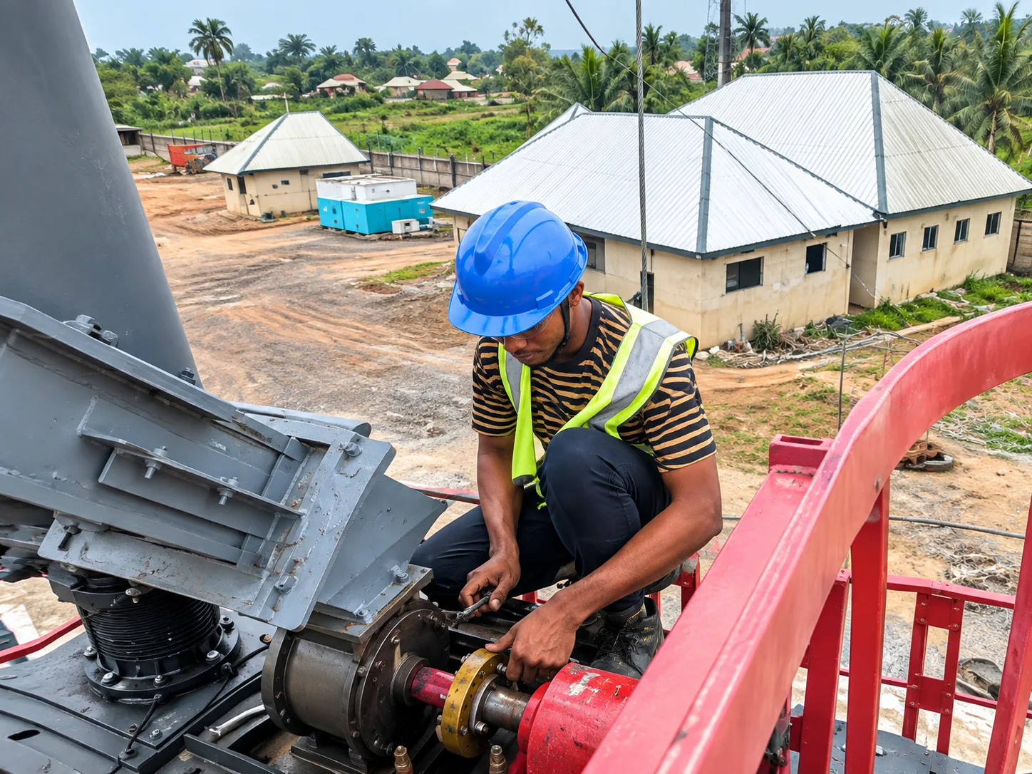 A technician in a blue hard hat checks equipment at the biochar plant.