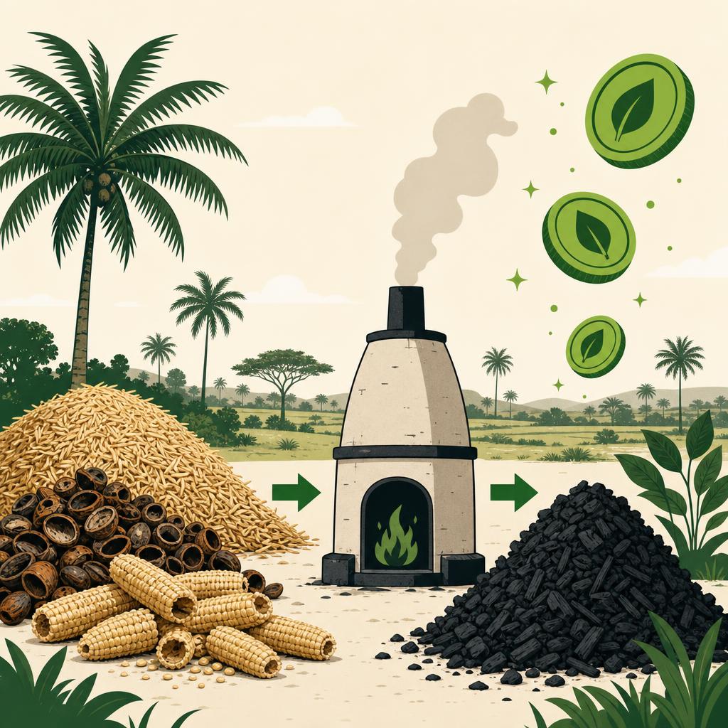 Flat-design illustration of rice husks, palm kernel shells and corn cobs transforming through a kiln into biochar and carbon credit tokens.