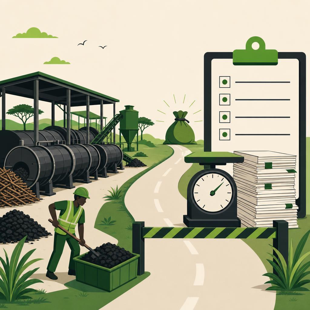 Flat-design illustration of a biochar facility on one side and oversized clipboards, scales and forms blocking the road to carbon revenue on the other.