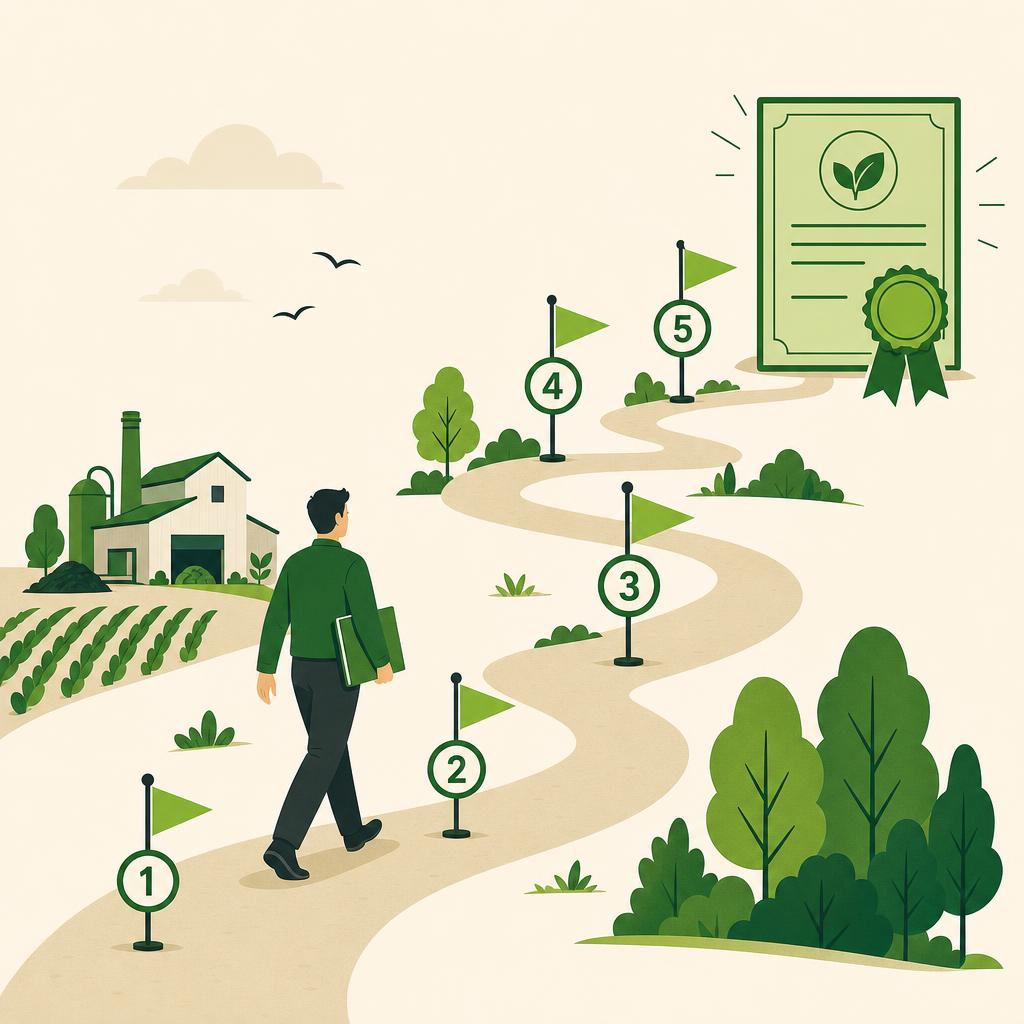 Flat-design illustration of a winding path from a small factory through numbered milestones to a certified carbon project certificate.