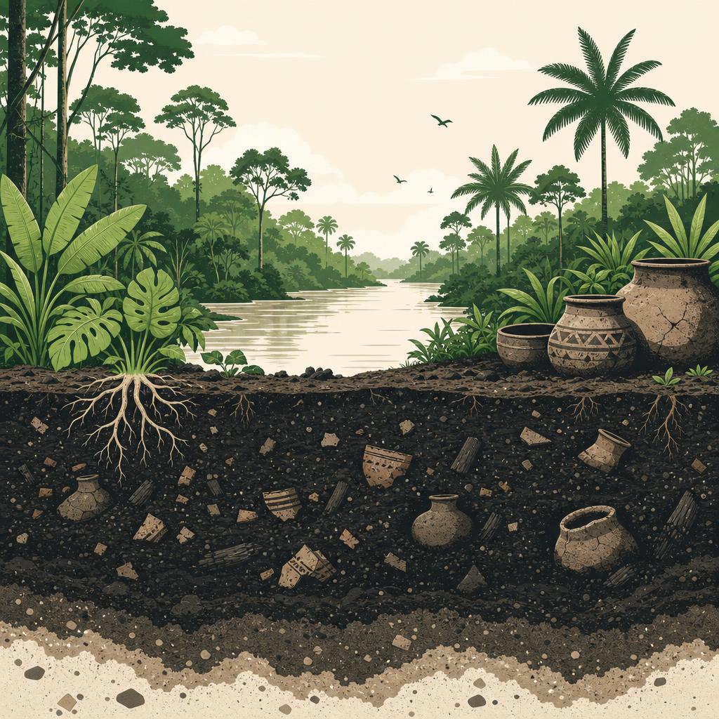 Flat-design illustration of an Amazon river scene with a soil cross-section showing deep black terra preta layers and pottery shards.