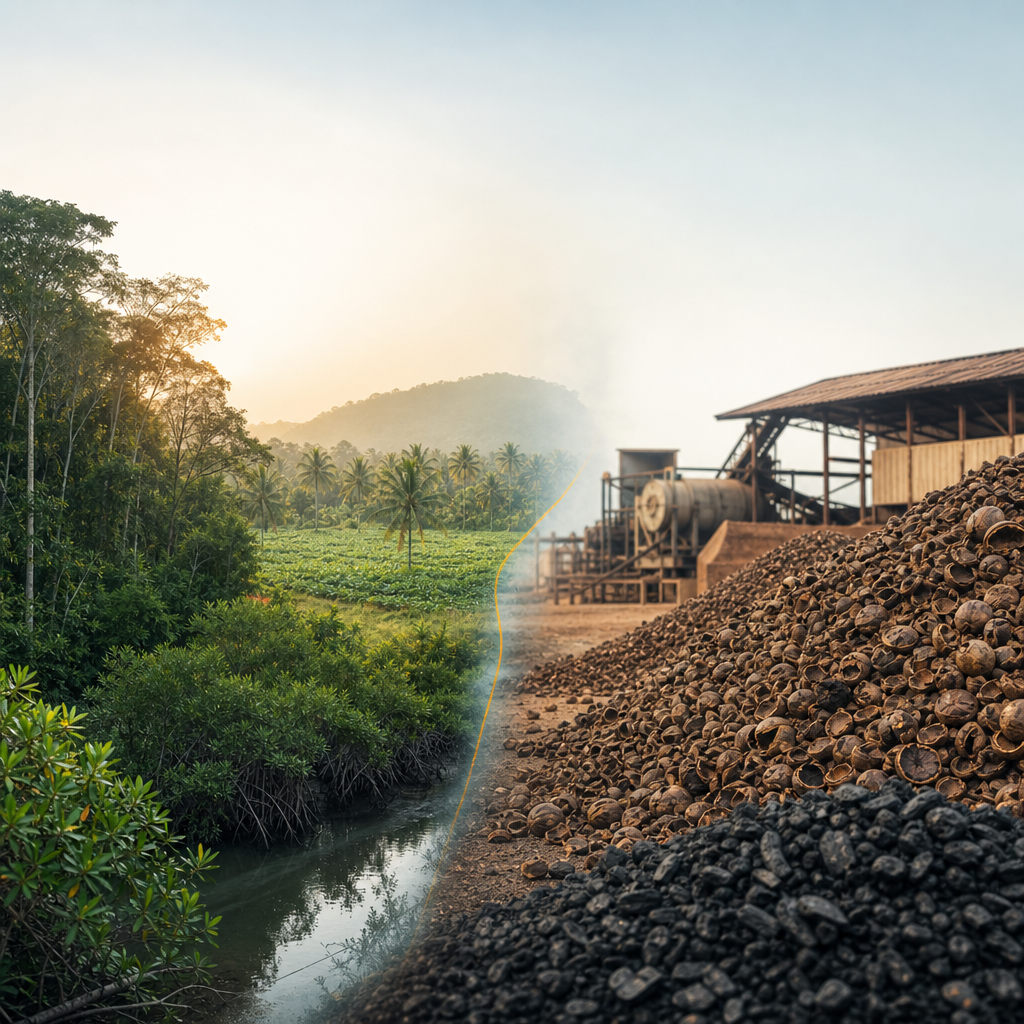 Editorial illustration contrasting West Africa's recognised carbon landscapes with an agro-processing site where carbon-rich agricultural residue is waiting to be turned into a measurable asset.