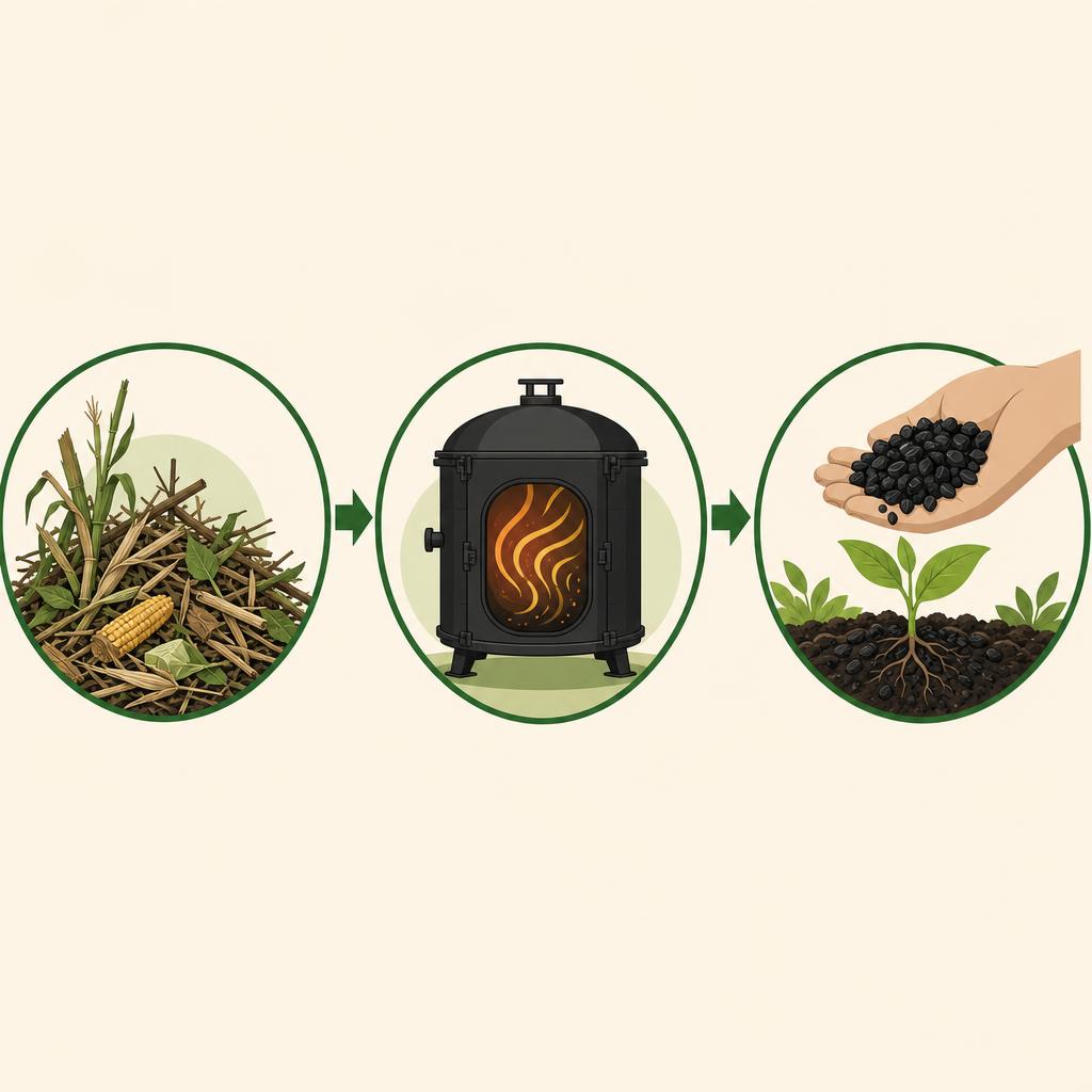 Flat-design illustration of crop waste passing through a smokeless pyrolysis kiln into a hand holding black biochar granules over soil with a seedling.